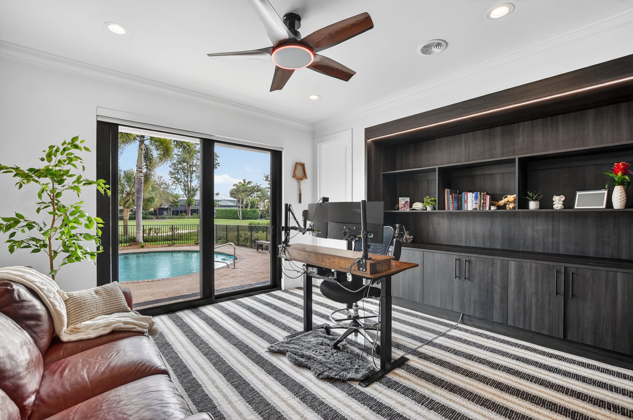 Home office with pool view