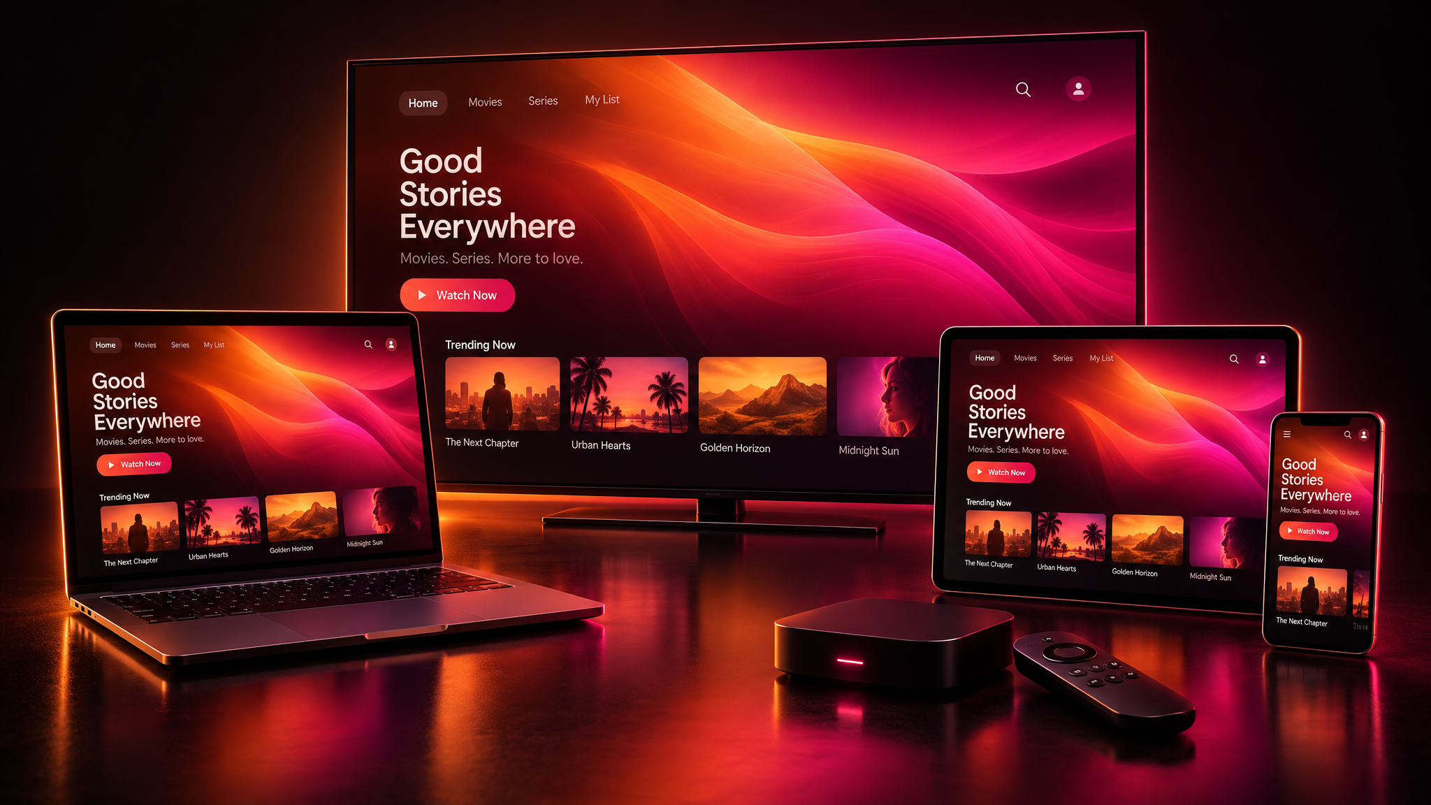 Smart TV, smartphone, tablet e TV Box exibindo conteúdo de streaming IPTV