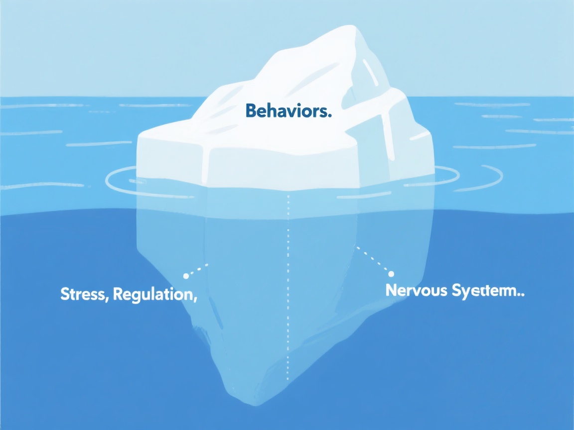 Iceberg diagram showing behaviors above water and stress/regulation below.