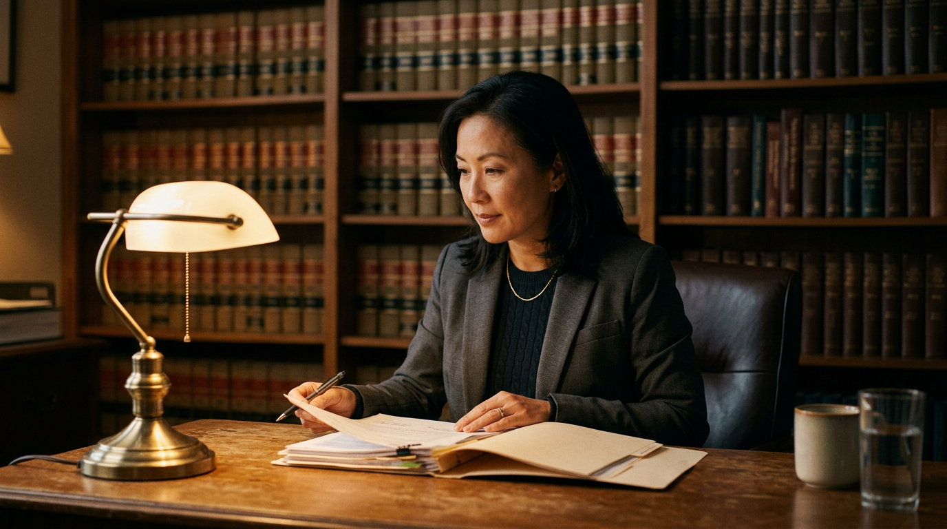 A confident East Asian woman accredited veterans-benefits advocate in her late forties reviewing an open claims file under a desk lamp in a dim office lined with regulation books