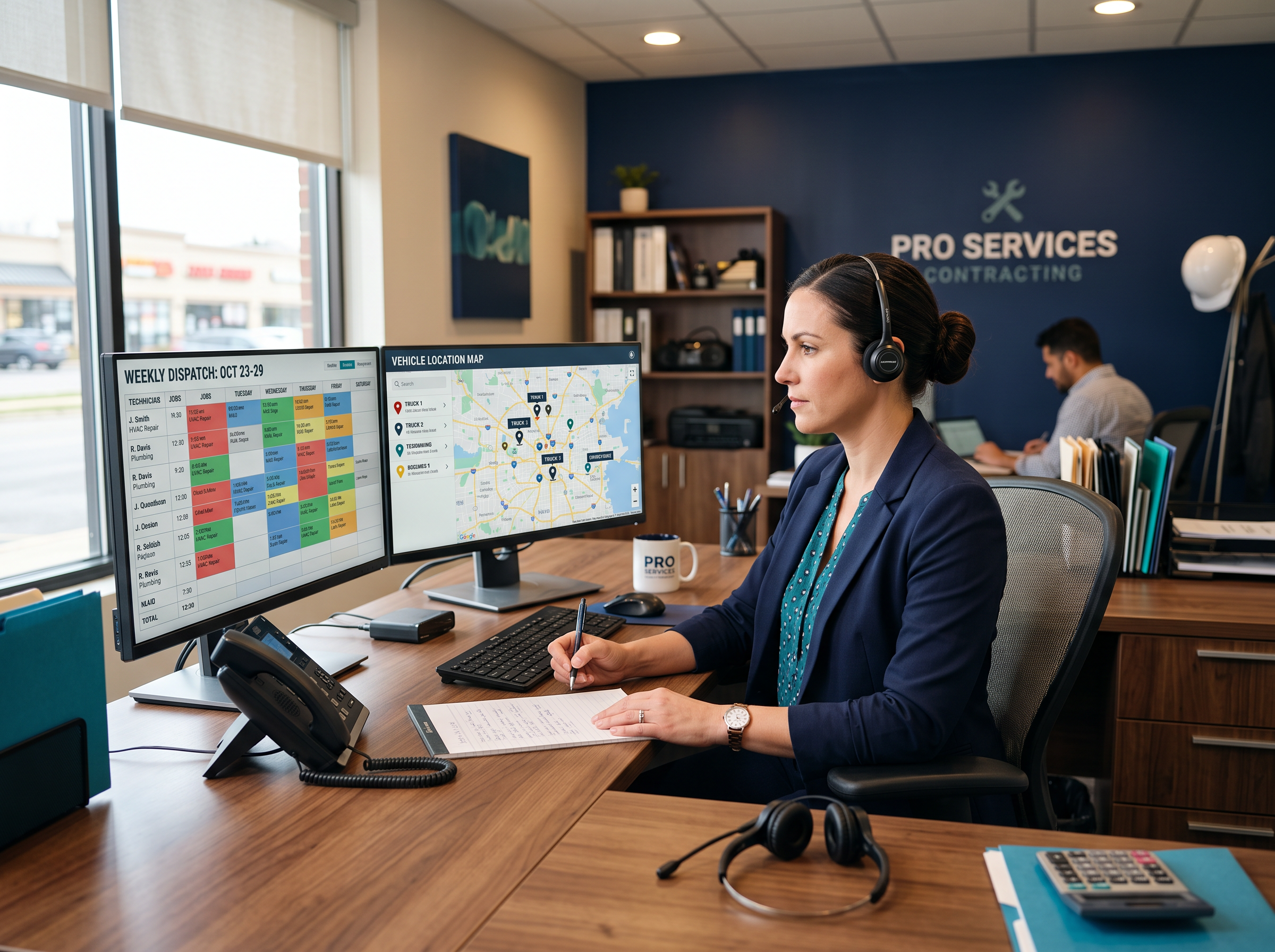 Office manager scheduling and dispatching jobs at a desk with dual monitors
