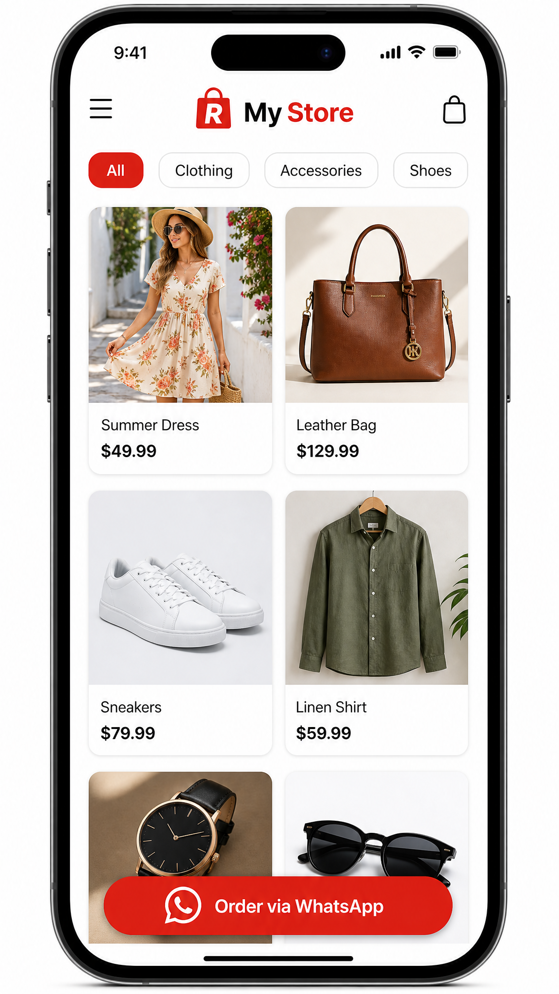 Catálogo digital de productos RedCommerce mostrado en un smartphone con integración WhatsApp