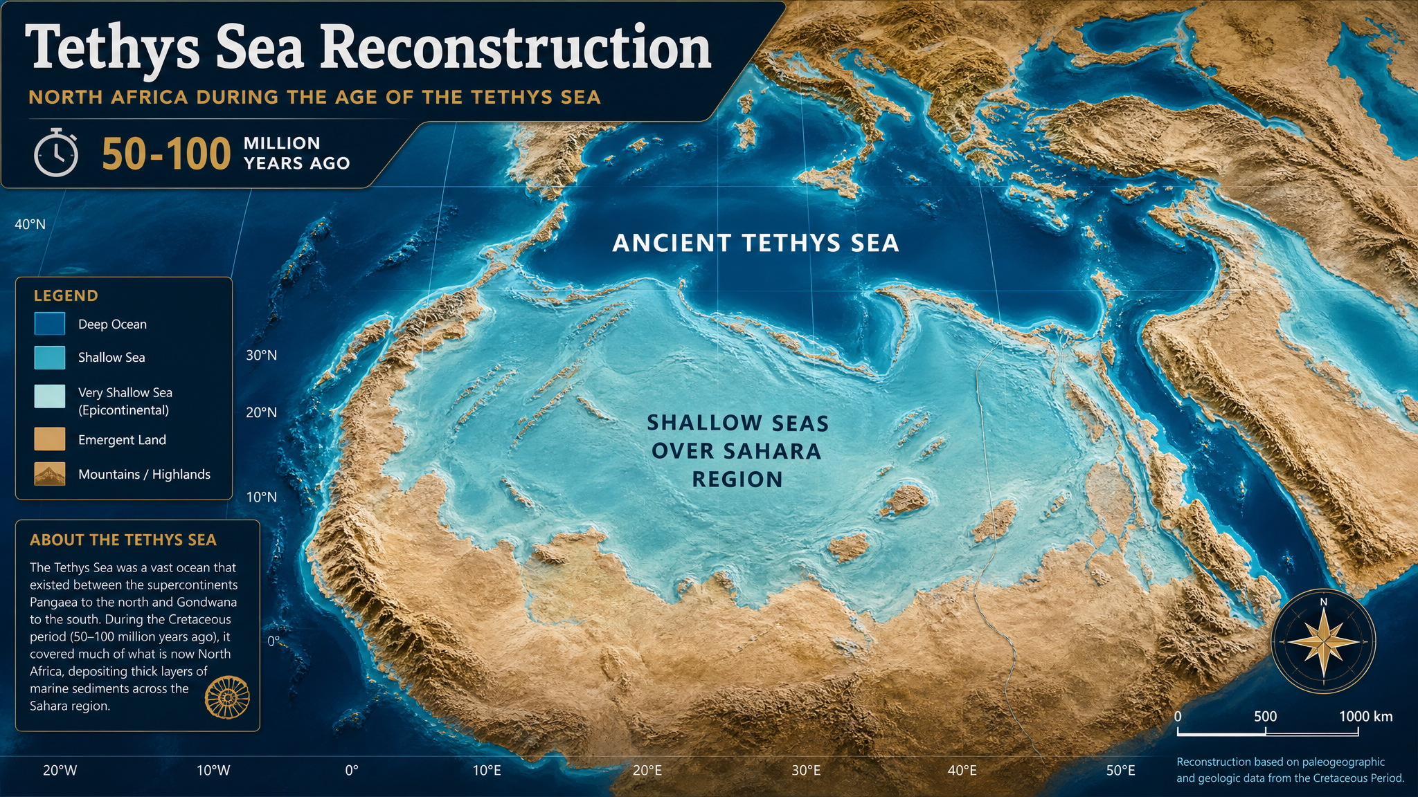 Reconstruction of the ancient Tethys Sea showing the ocean between the continents of Laurasia and Gondwana