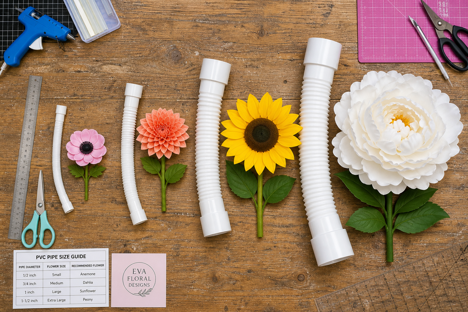 Four sizes of bendable PVC pipes laid out next to matching giant foam flowers showing size progression
