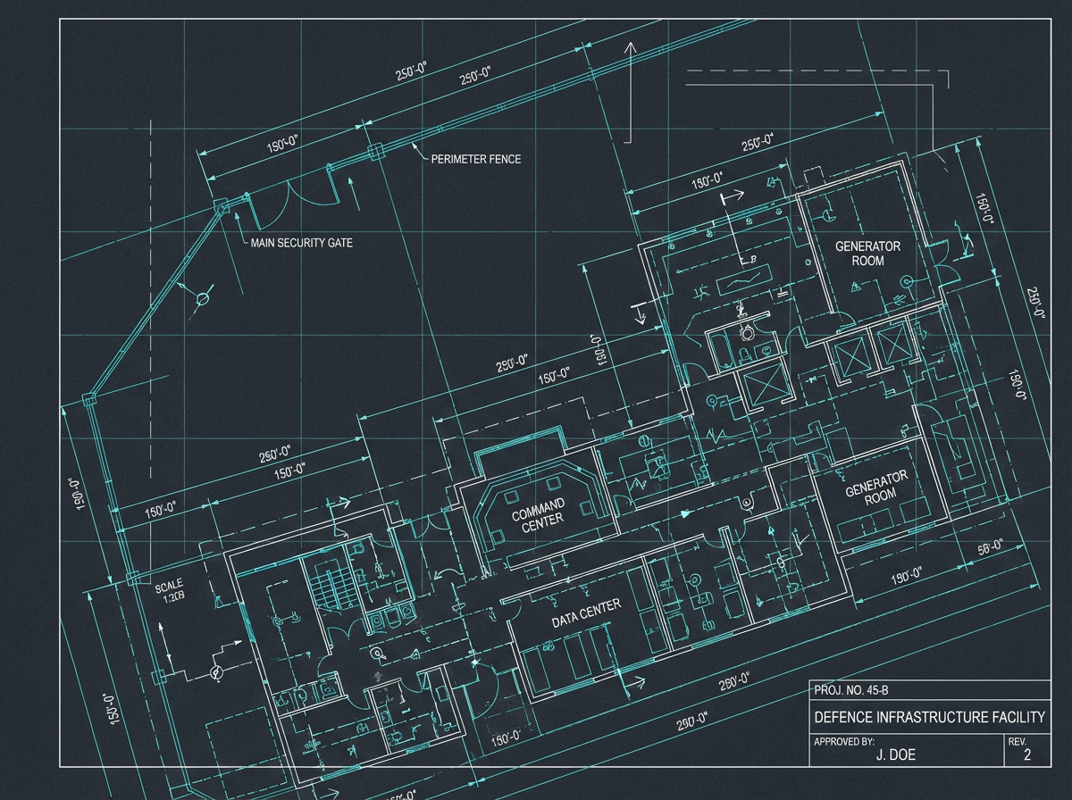 Technical engineering blueprint and facility layout diagram
