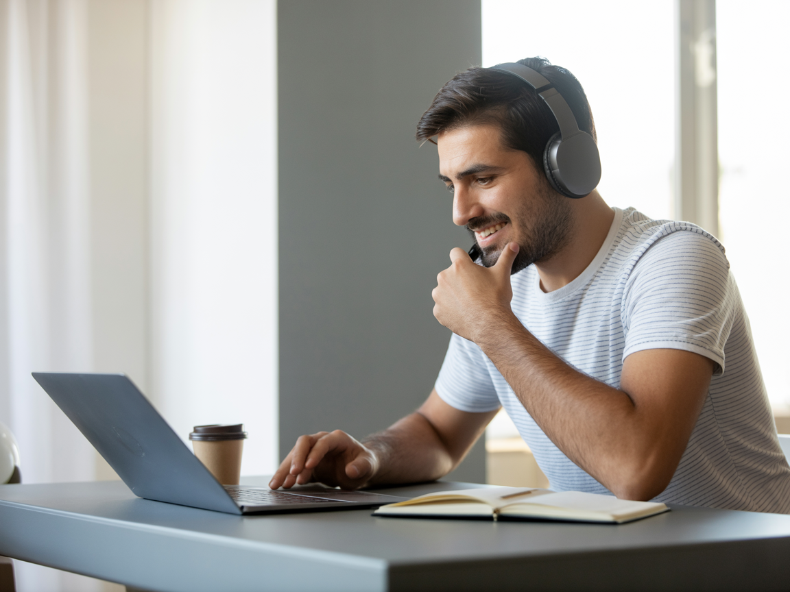 Laptop ile online diksiyon dersi alan kişi