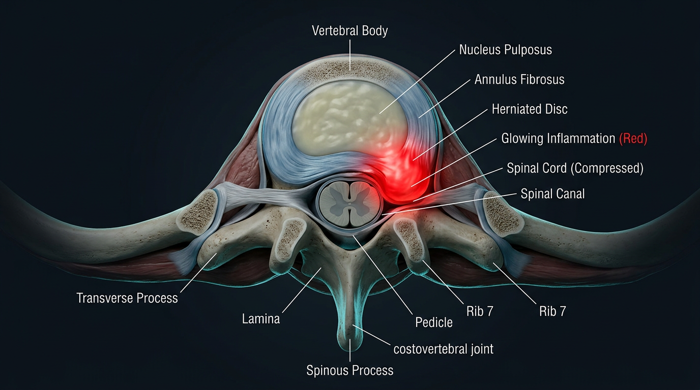 Axial cross-section of a thoracic vertebra with a herniated disc bulging into the canal, ribs bracing on both sides