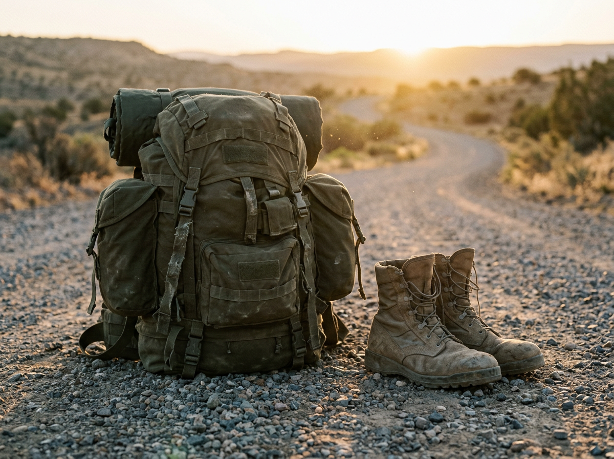 A worn rucksack and combat boots, the miles of load-bearing duty behind joint and spine claims