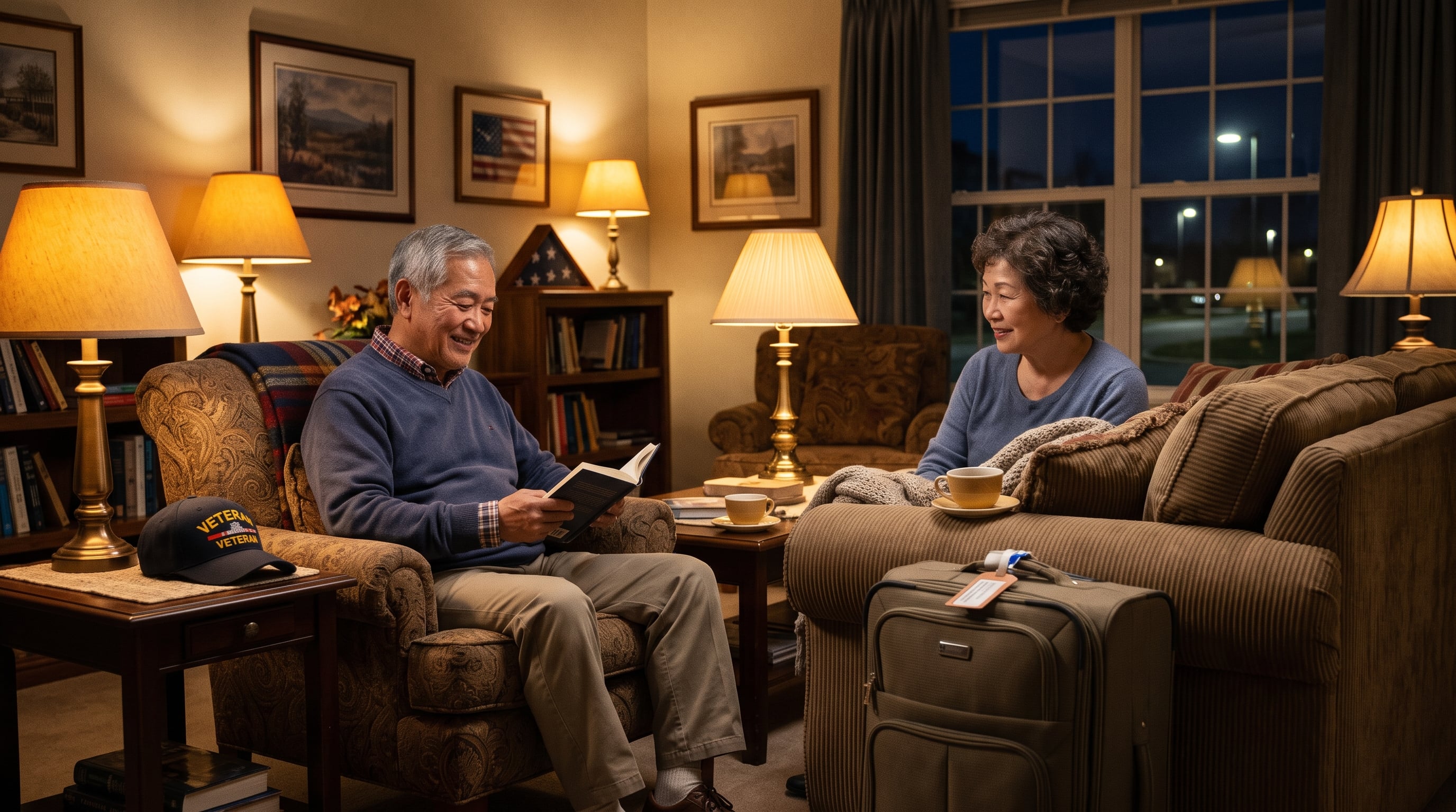 A senior veteran couple settling into a warm, lamp-lit Fisher-House-style guest house for an overnight stay near a medical center