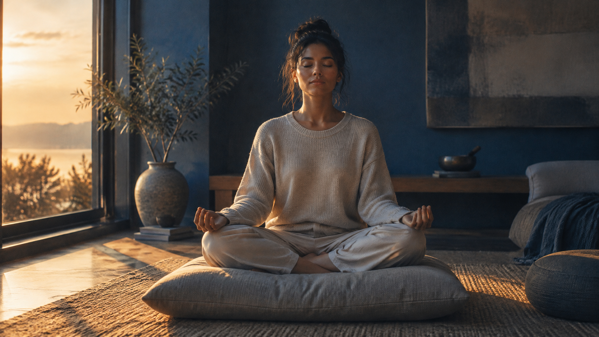 Pessoa meditando em luz suave e quente