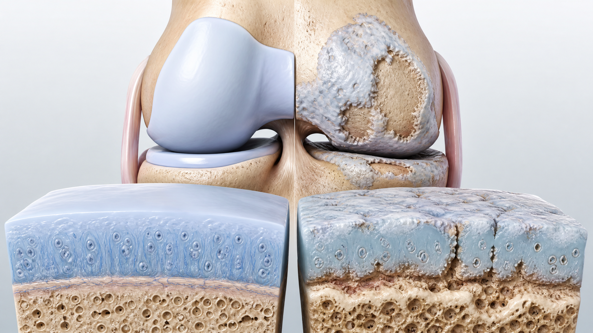 Medical illustration showing progressive joint cartilage degradation from healthy tissue to severely eroded surface with exposed bone