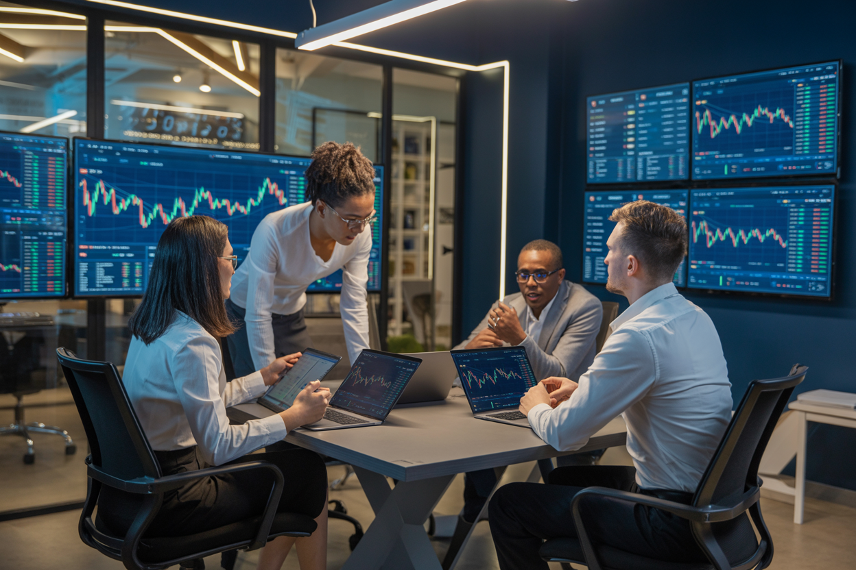 CryptoClarityVisionary team of crypto analysts collaborating in a modern office