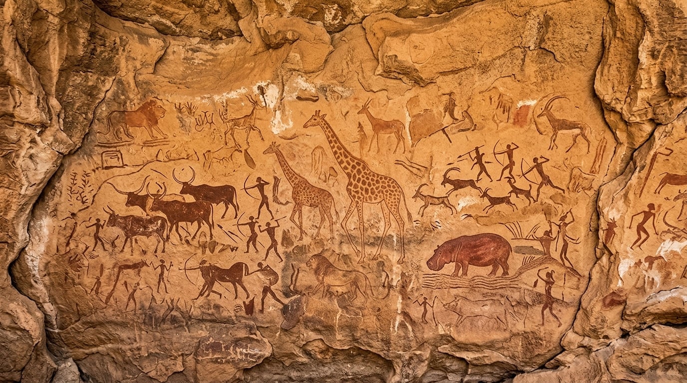 Ancient Saharan rock art showing prehistoric animals and human figures in warm ochre tones
