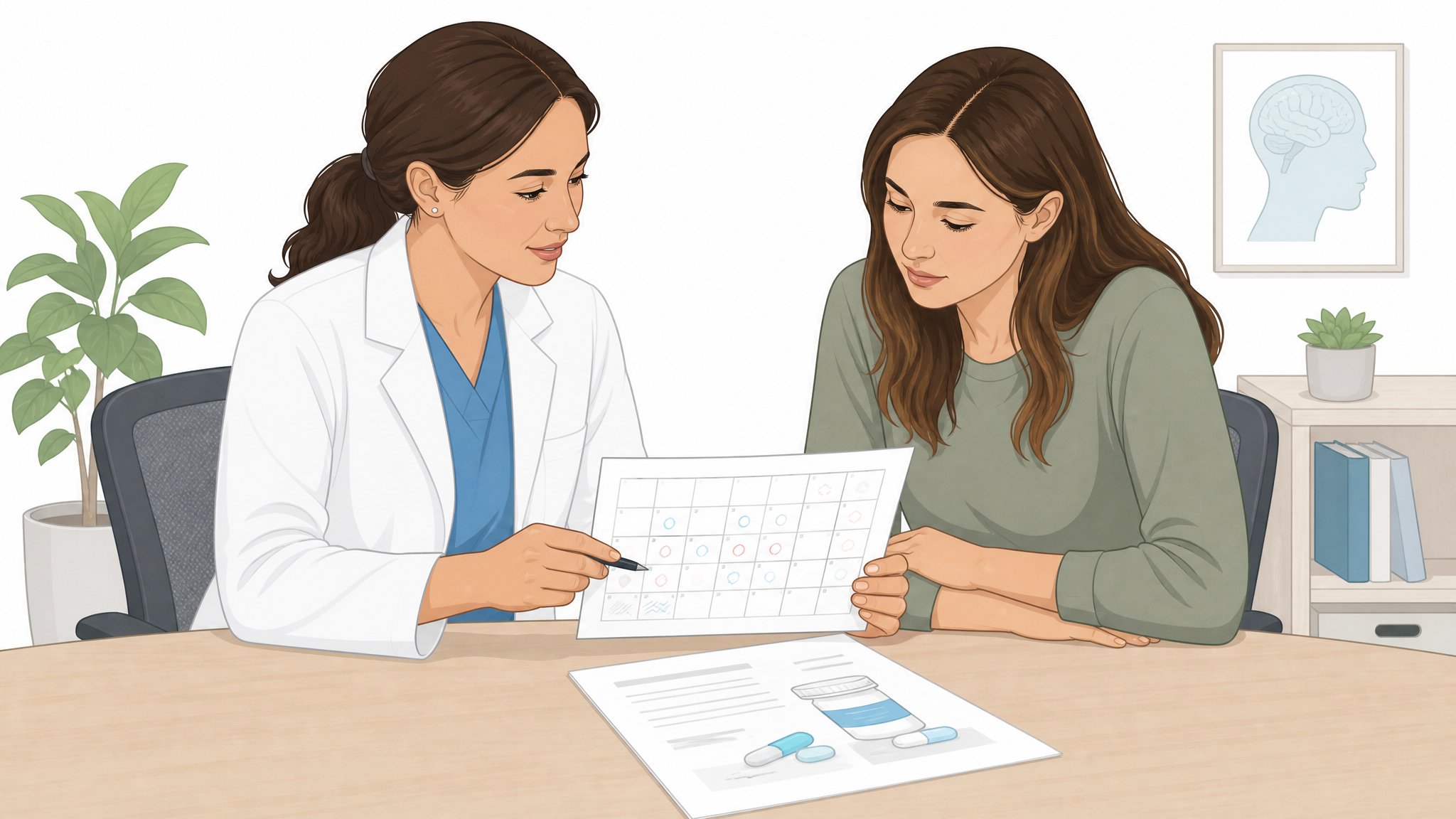 Illustration of a clinician and patient reviewing a paper headache calendar log and a pharmacy printout together at a desk