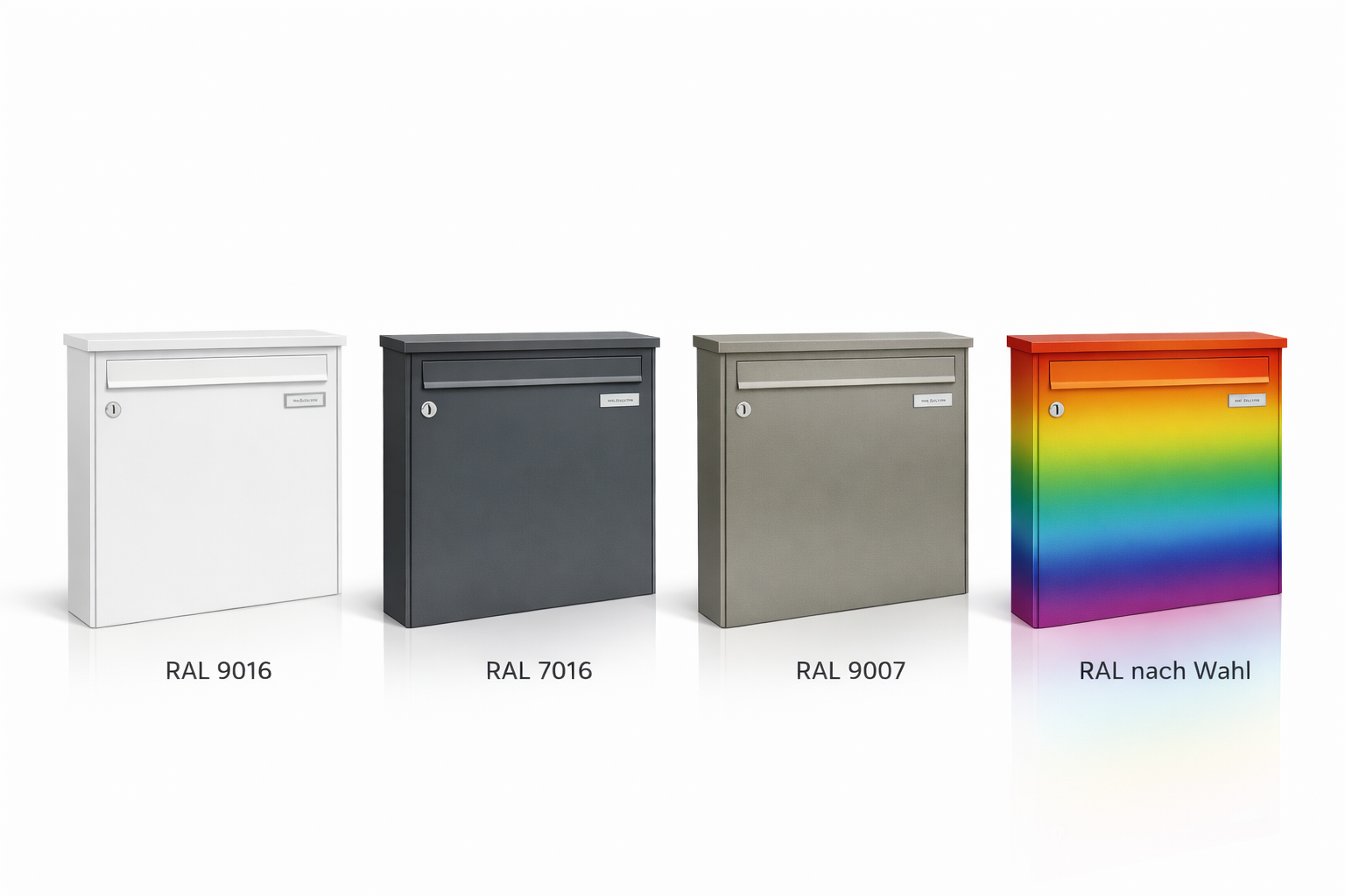 Farbvarianten des Briefkastenmodells: RAL 9016, RAL 7016, RAL 9007 und RAL nach Wahl