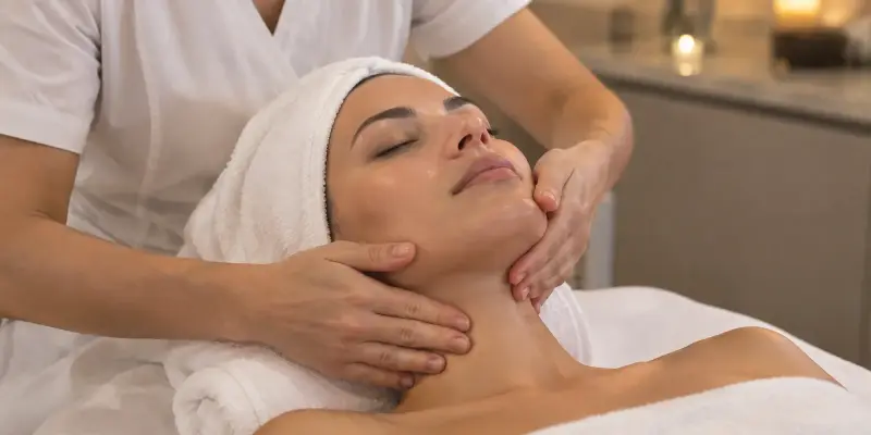 Esteticista realizando drenagem linfática facial em cliente em Sorocaba