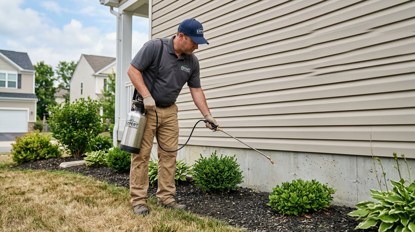 Pest control technician treating a home exterior