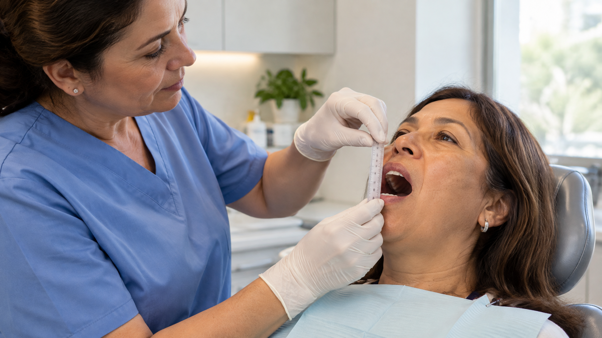 A woman veteran in a dental chair while a female dentist measures how far her mouth opens with a small ruler