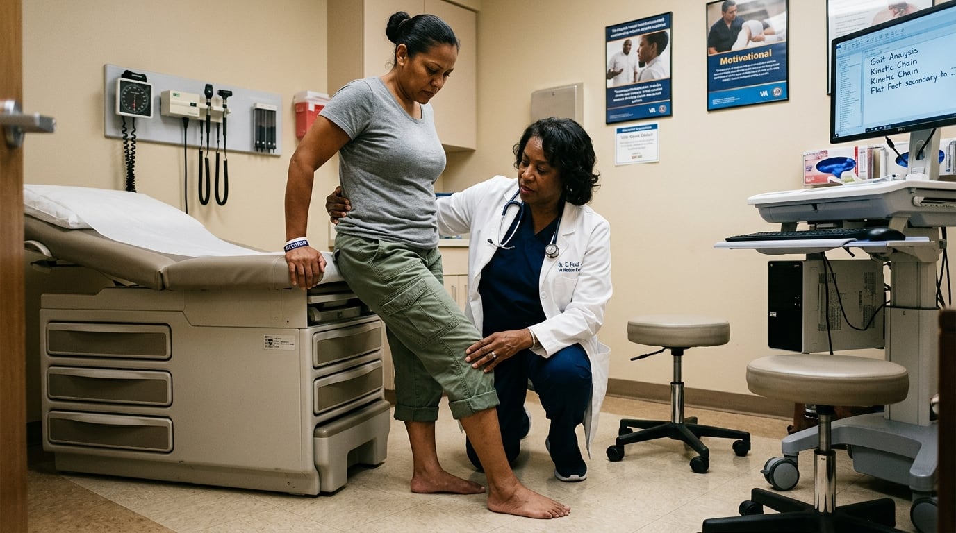 A woman veteran having her knee and lower back examined by a clinician