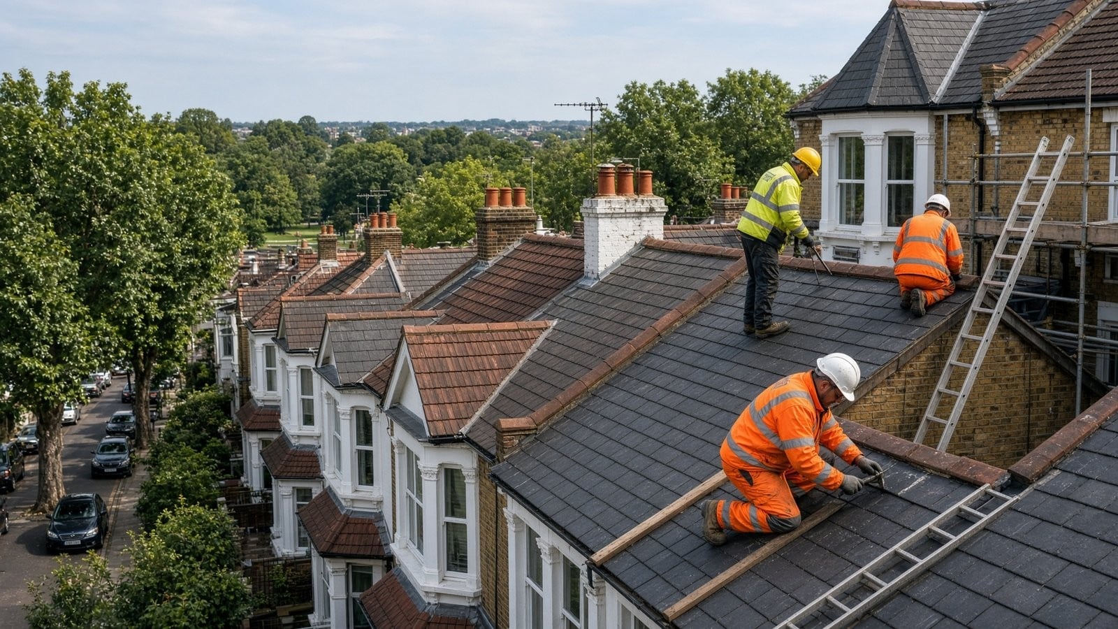 BS Roofing team working on a roof