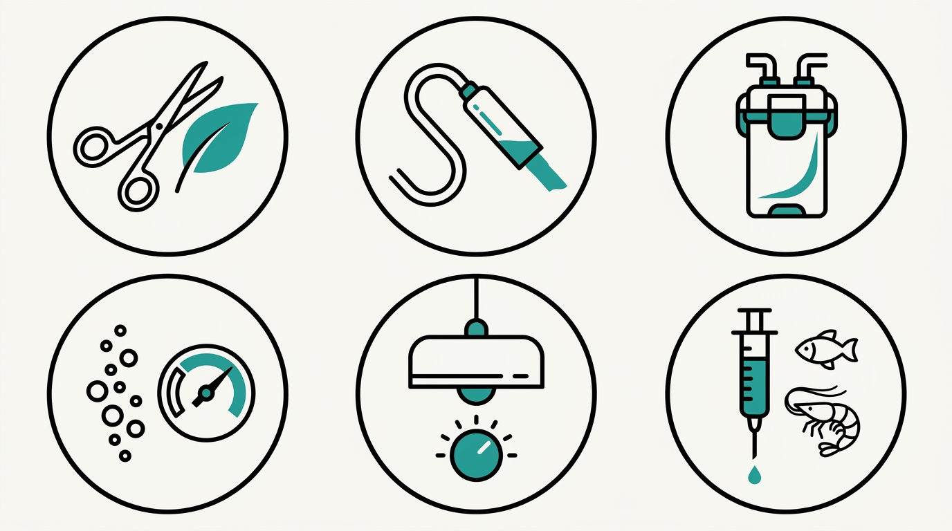 Infográfico minimalista sem texto com seis ícones representando um workflow de tratamento de BBA