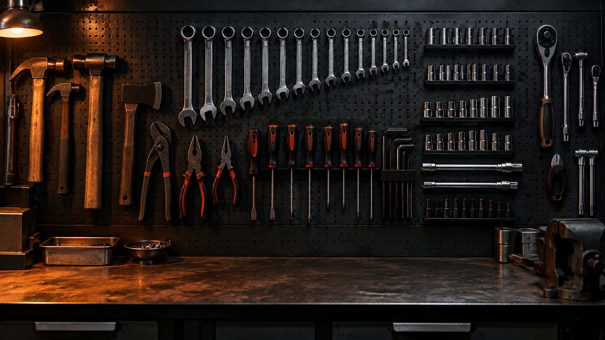 Workshop pegboard of spanners, sockets and pliers