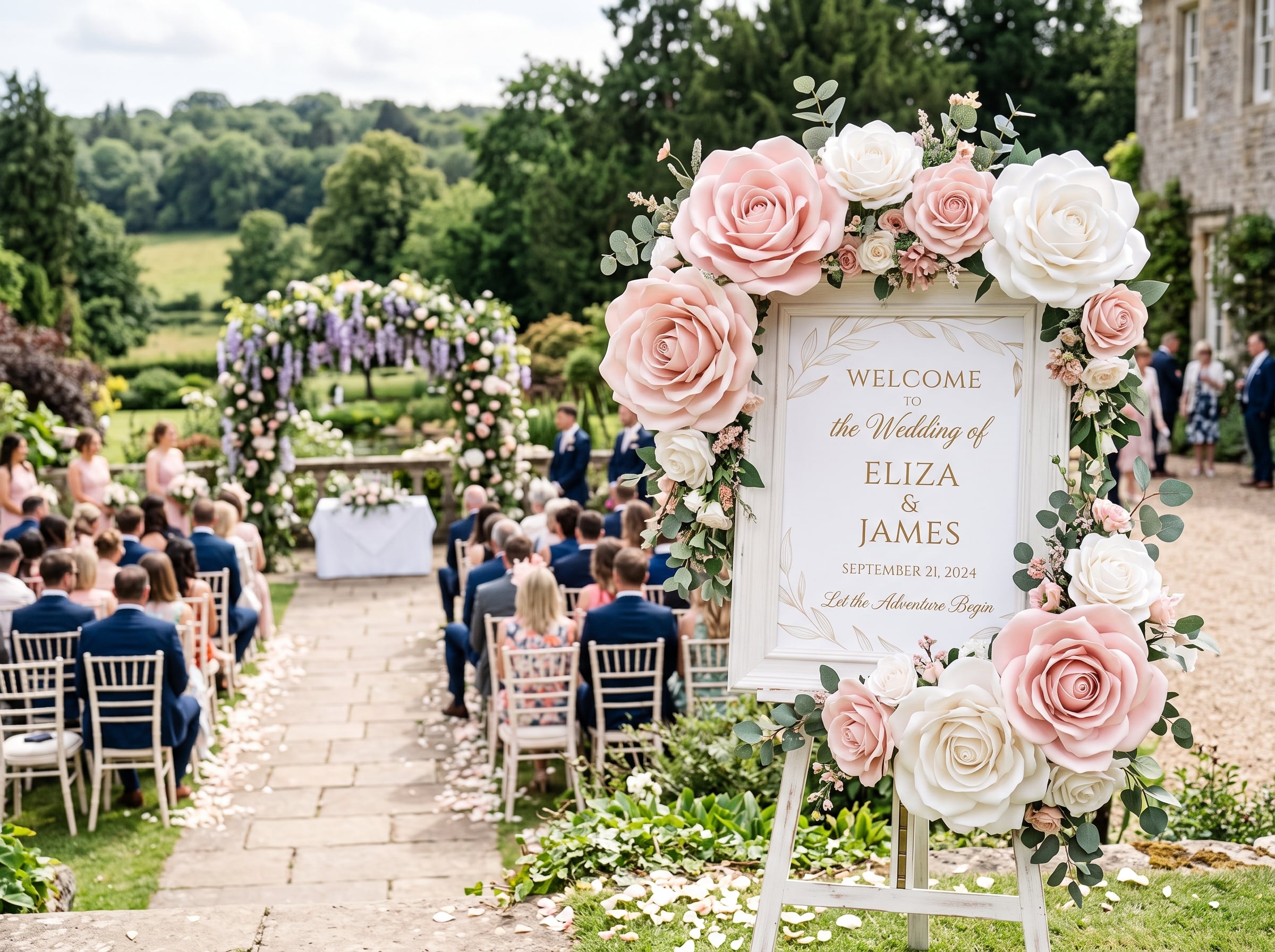 Wedding welcome sign frame surrounded by blush pink and white giant EVA foam flowers