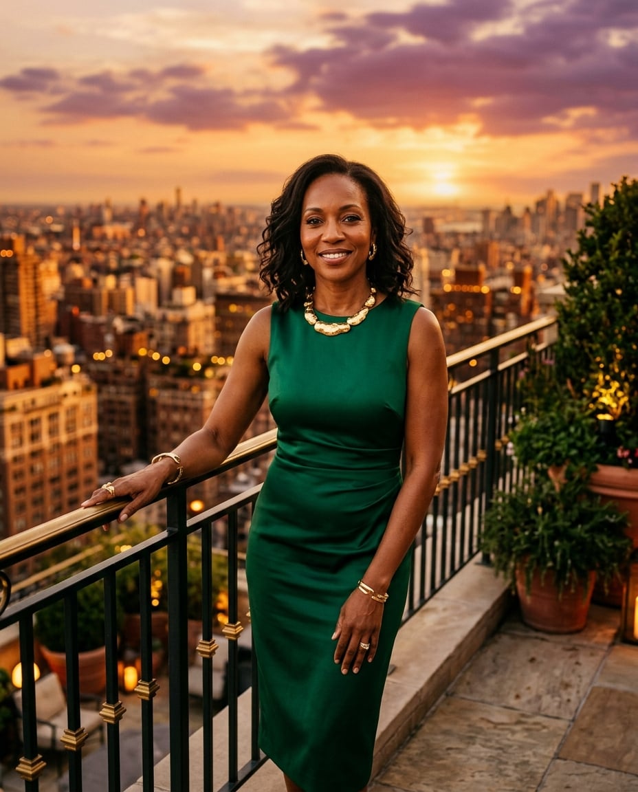 Dee on a rooftop terrace overlooking a city at sunset