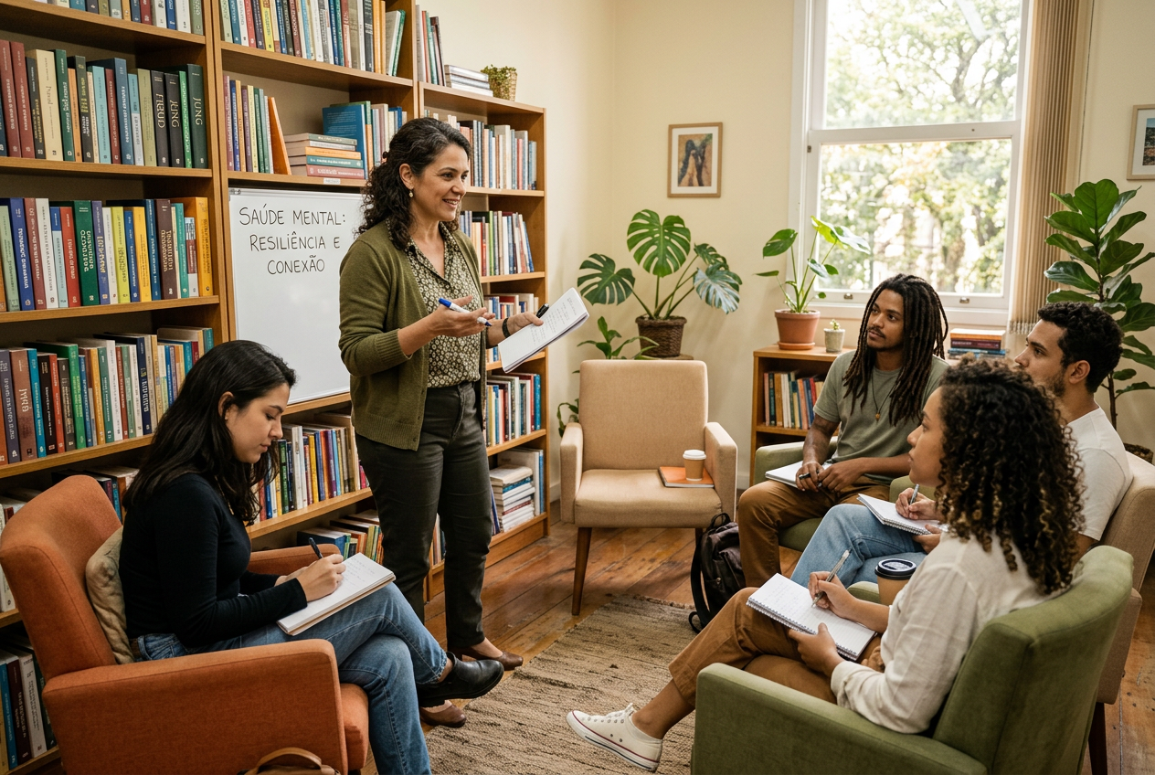 Professora de psicologia ensinando em ambiente acadêmico acolhedor