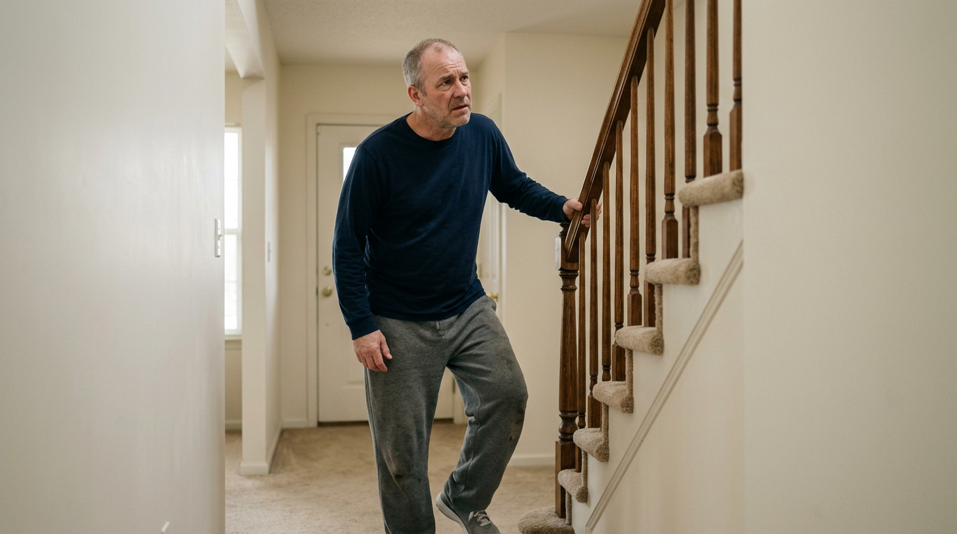 White male veteran gripping a staircase railing showing hesitation and anticipatory pain due to foot condition