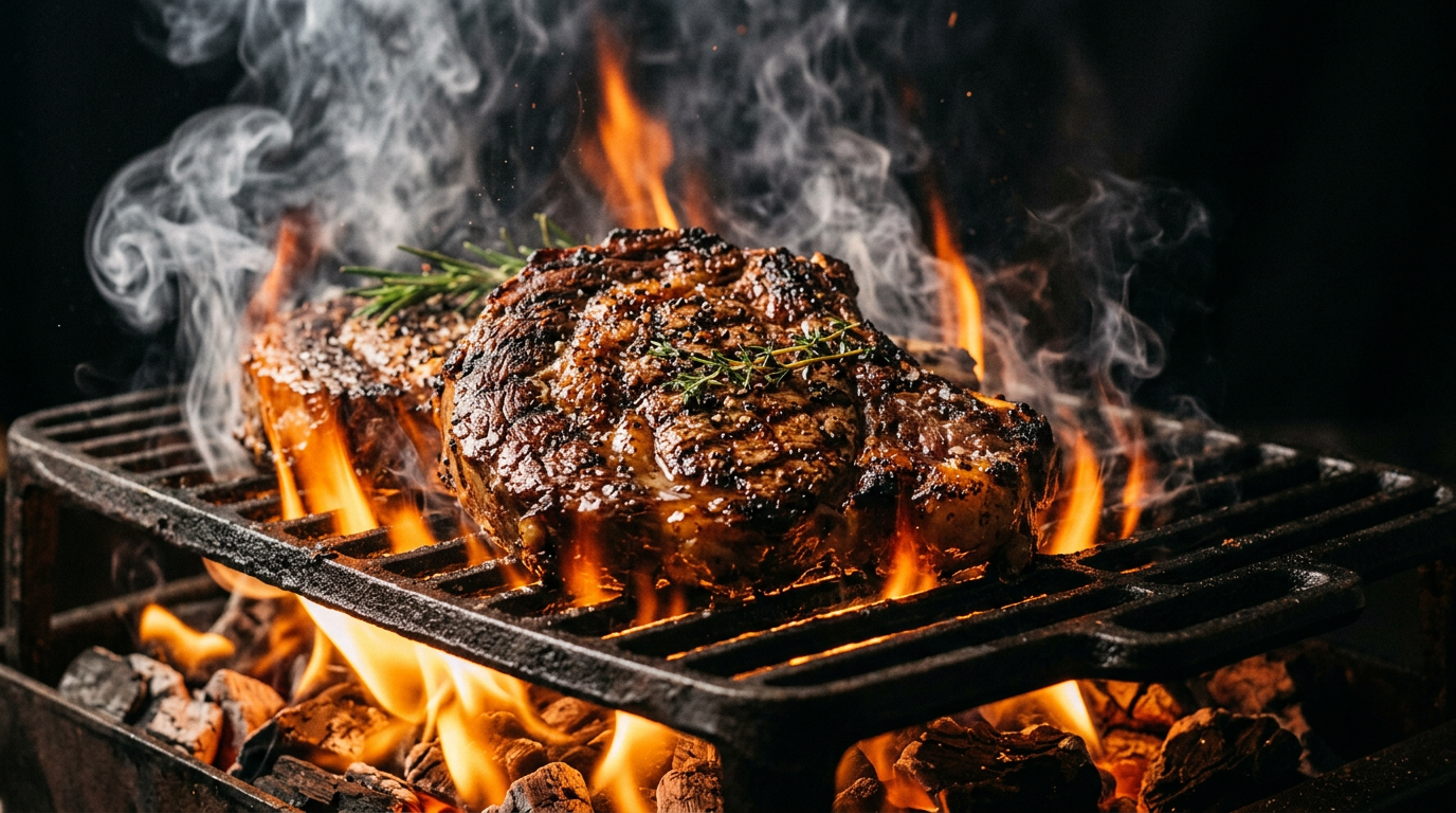 Cortes premium a la parrilla con llamas y carbón en Tizón Meats