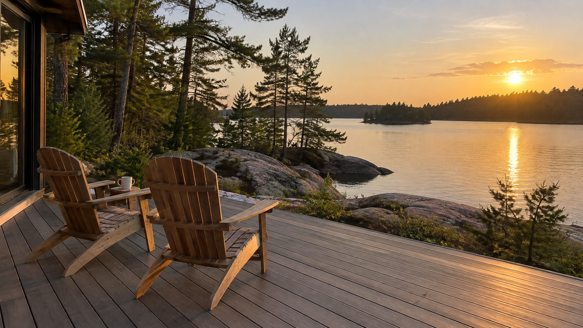 Custom composite deck overlooking a Muskoka lake at golden hour