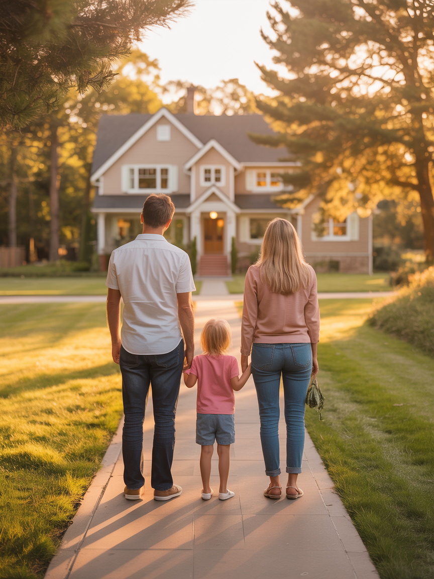 Family looking toward their dream home at the end of the path