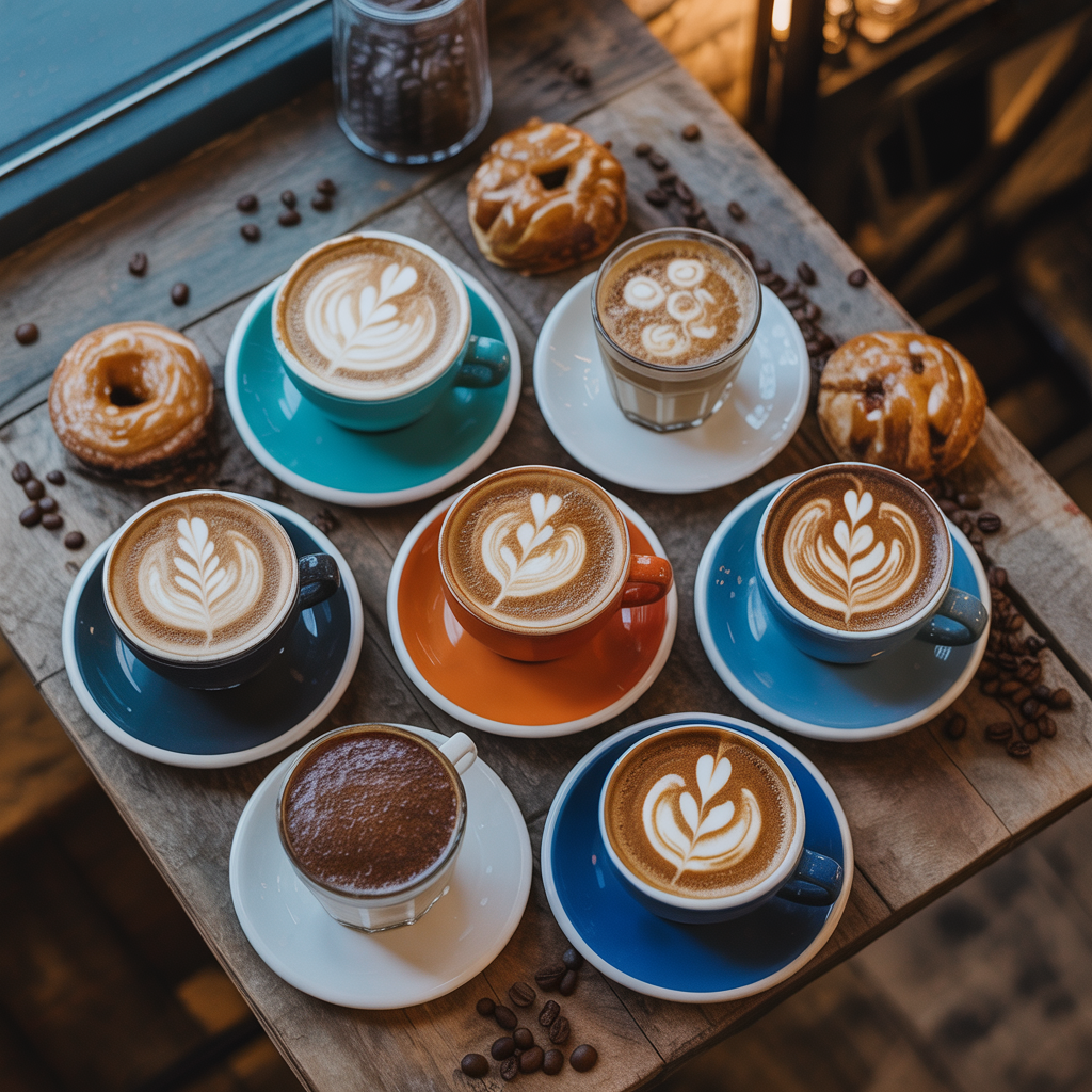 Artisan coffee drinks from above