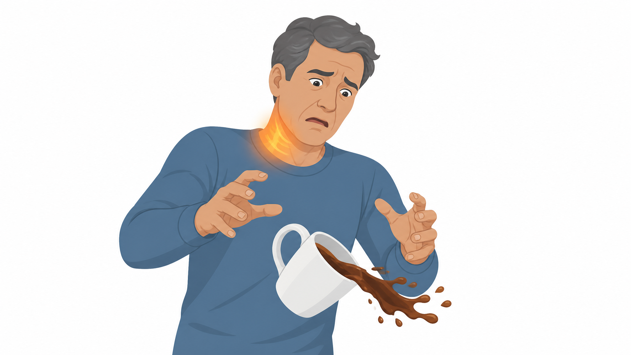 Illustration of a man's hands fumbling and dropping a coffee mug, coffee spilling, with an amber glow at the base of his neck indicating cervical spinal-cord involvement