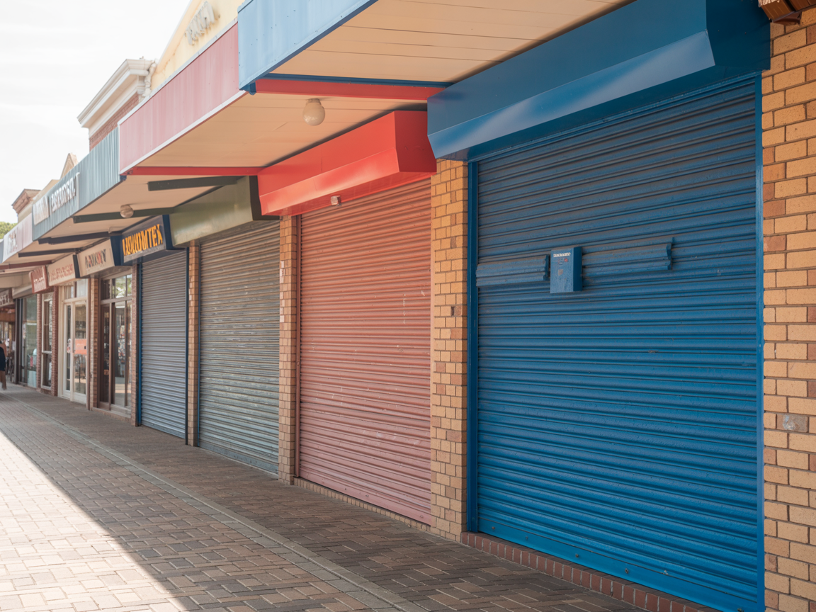 Row of retail shops with matching roller shutters