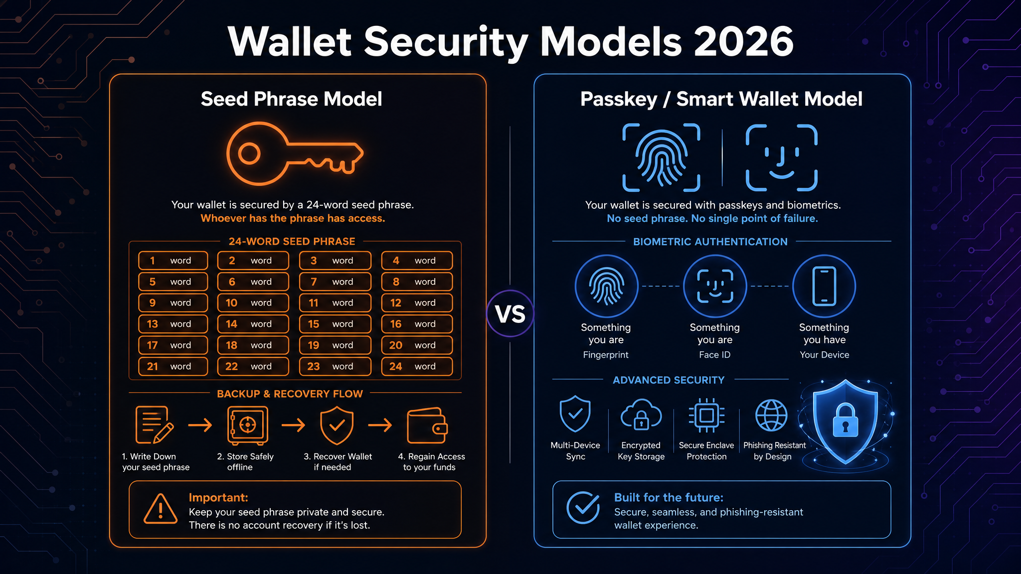 MetaMask vs Coinbase Wallet 2026 security architecture diagram comparing seed phrase vs passkey protection models