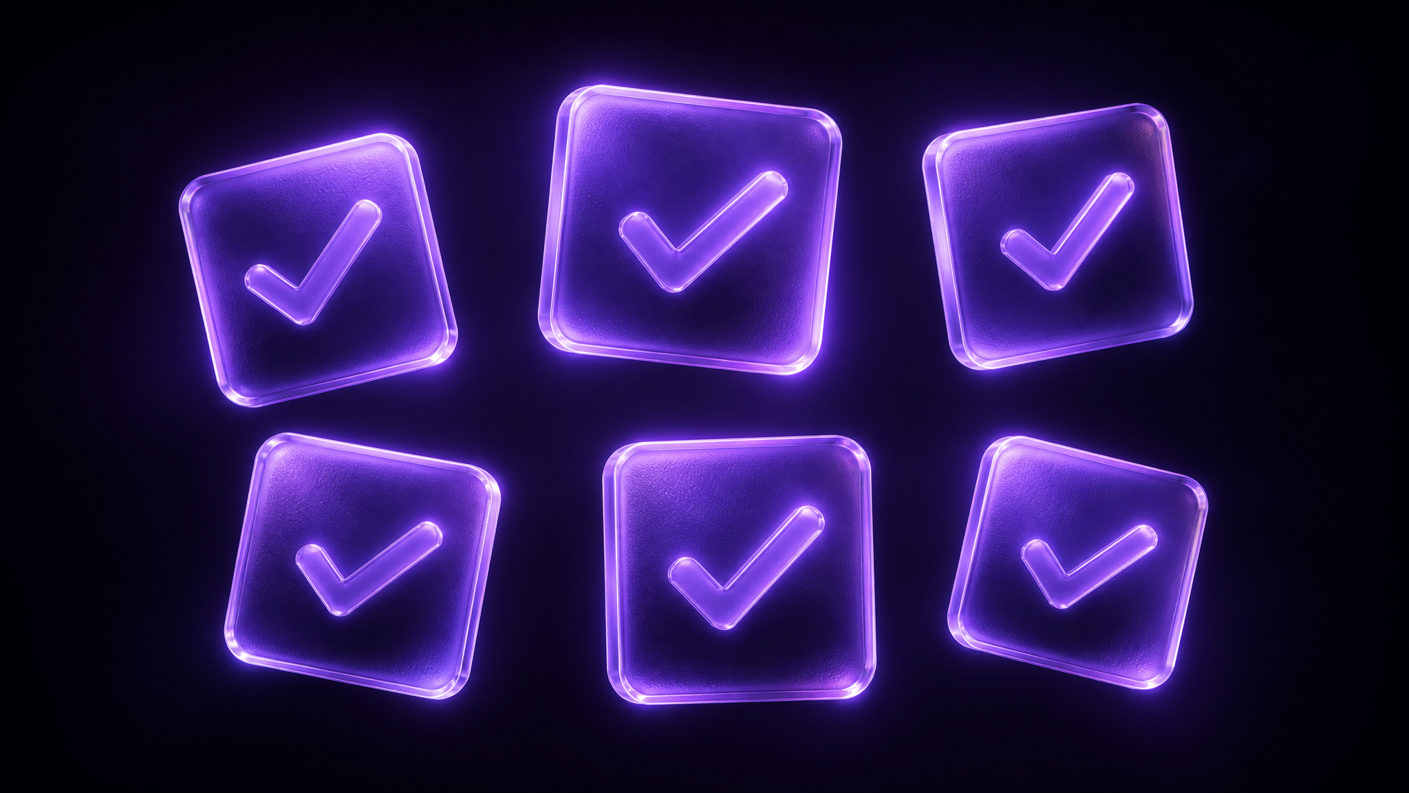 Six glowing violet frosted-glass tiles with tick marks arranged in a grid in the dark