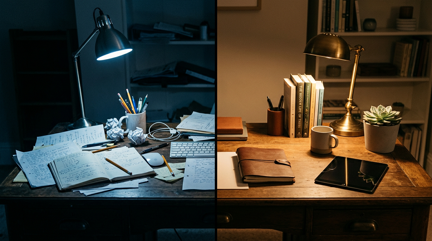 Comparação visual entre mesa bagunçada e mesa organizada com iluminação contrastante