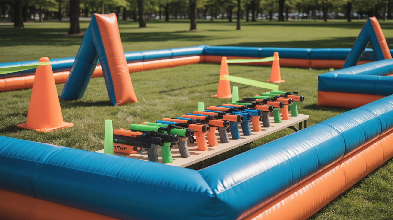 Outdoor party setup with Nerf equipment and barricades