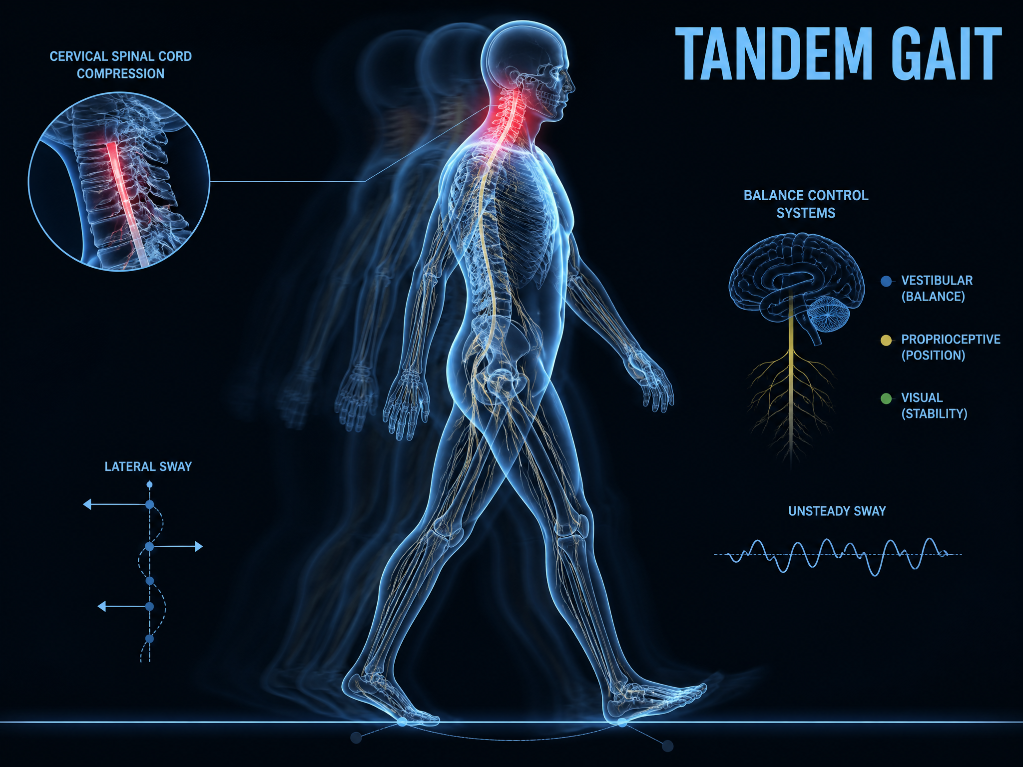 Anatomical illustration of a tandem heel-to-toe gait test showing unsteady sway from cervical cord compression