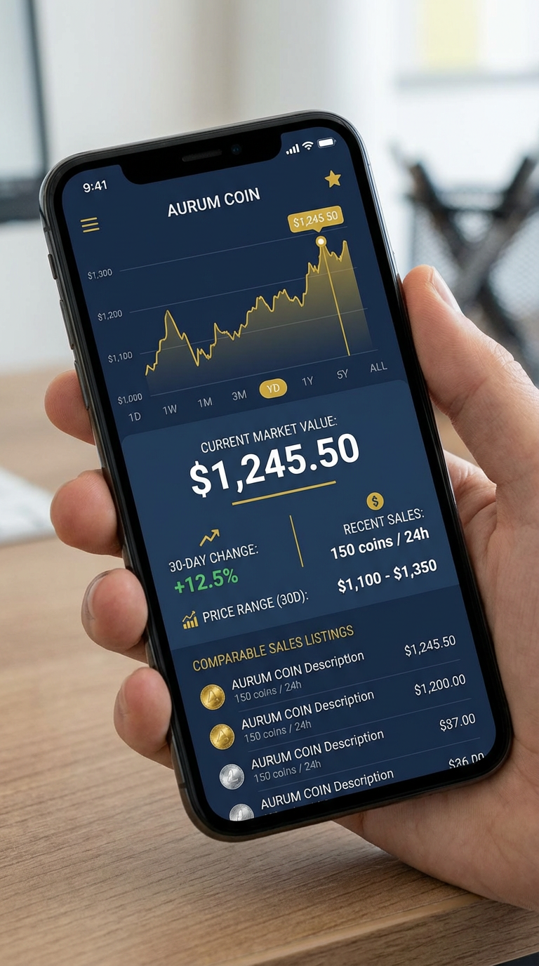 CoinSensei coin pricing data and market value chart showing price history and comparable sales