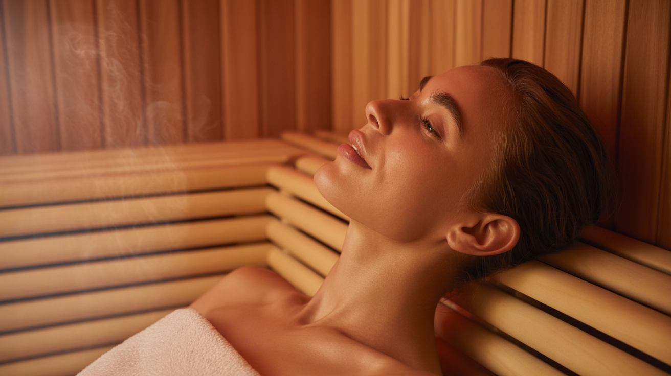 Person relaxing in a warm sauna with ambient lighting conveying wellness and health