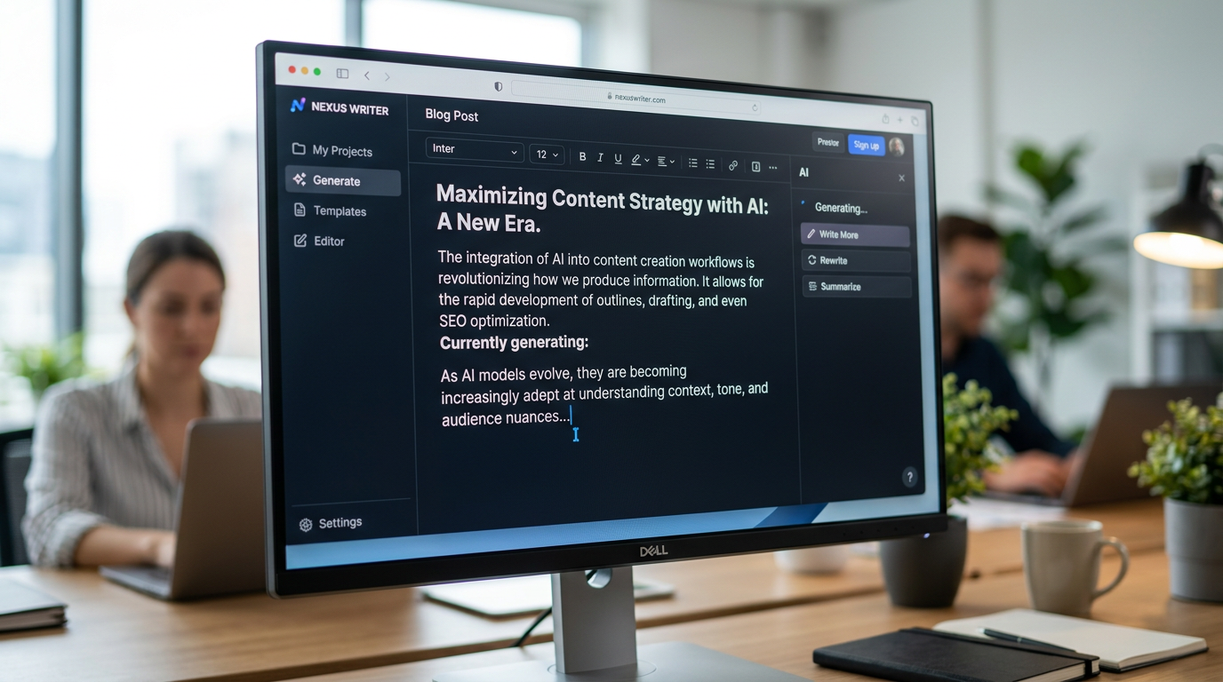 AI writing and content generation interface with text flowing on screen