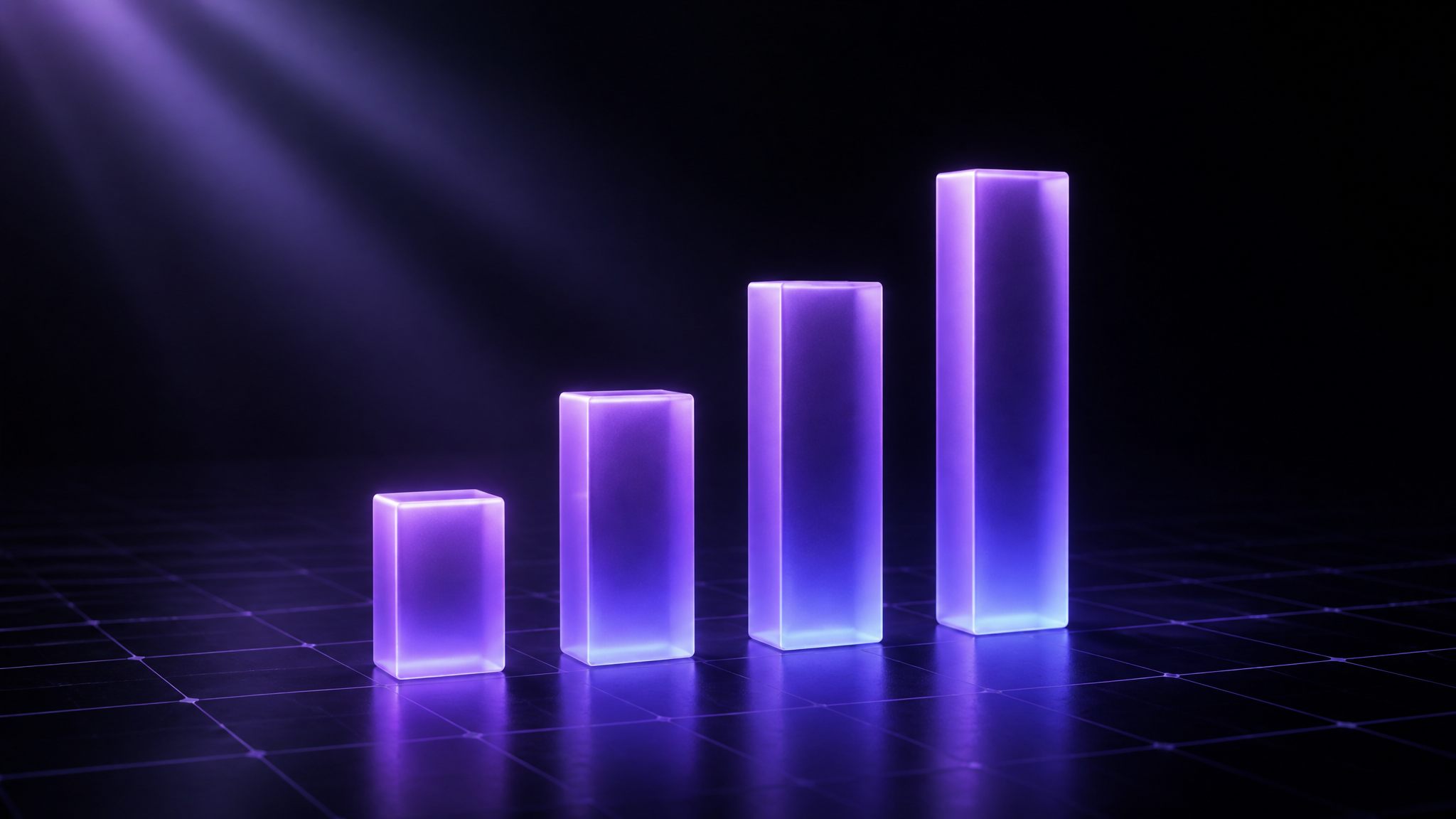 Four frosted glass bars of rising height floating in the dark, each glowing a brighter shade of violet than the last, representing four tiers of monthly SEO pricing