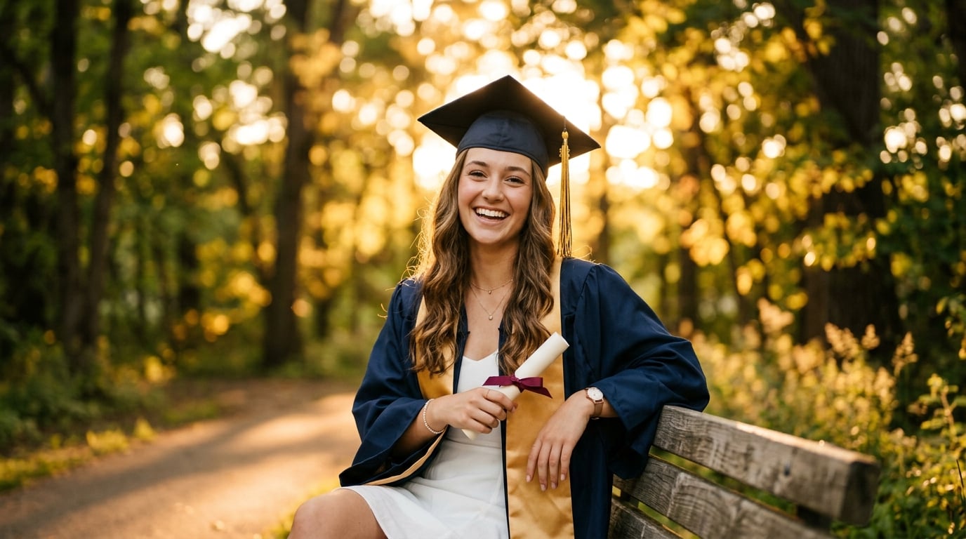 Senior portrait with graduation cap in park