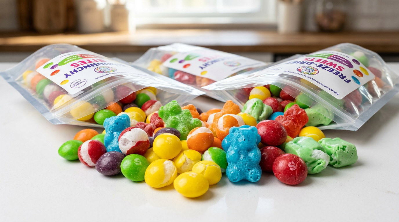 Colorful puffed freeze-dried candy pieces spilling from Mylar packaging bags