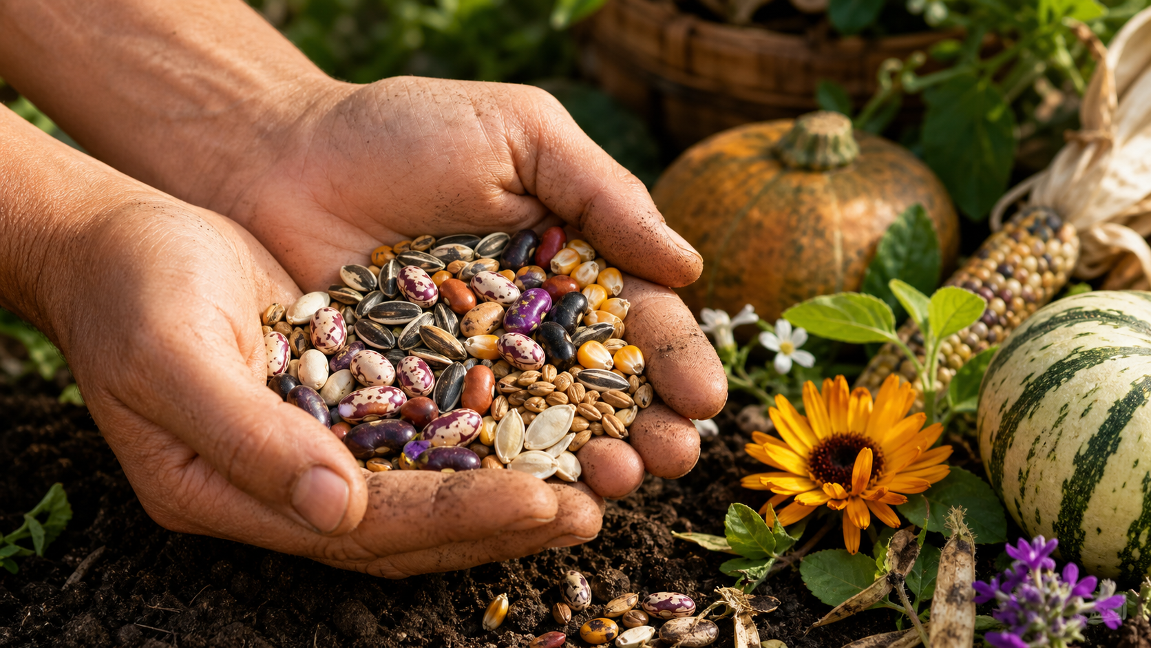 Hands holding a variety of heirloom seeds over rich garden soil