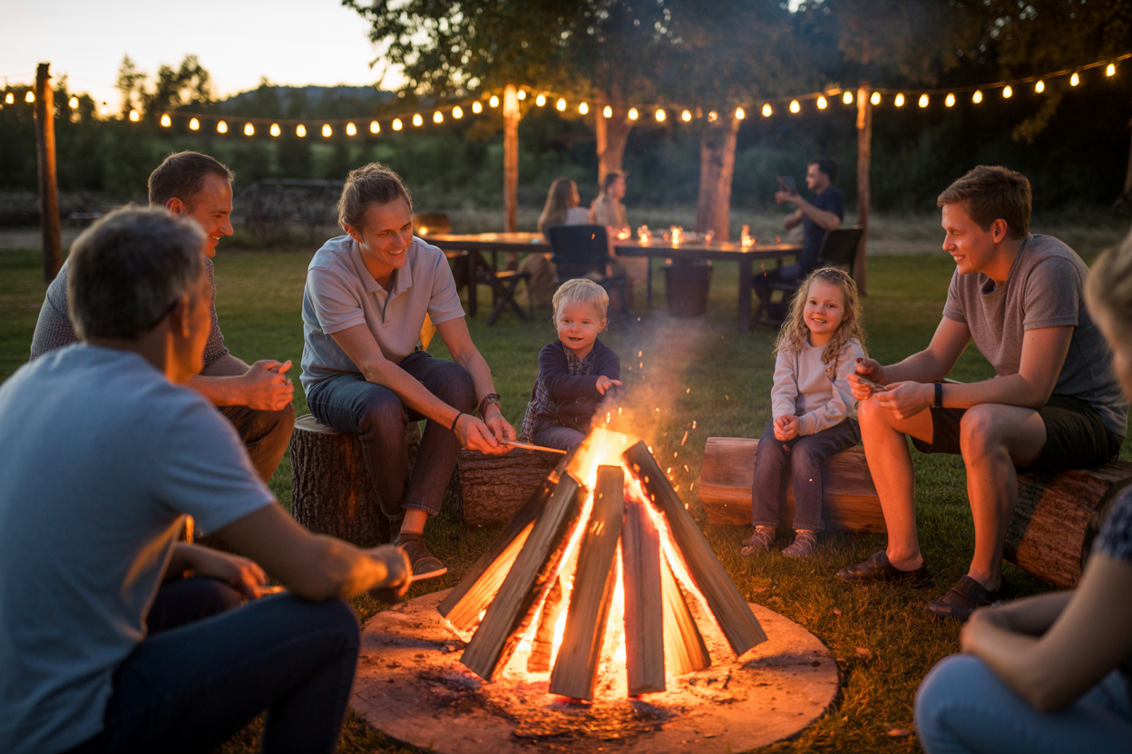 Families gathering around a warm bonfire at The Hayfield