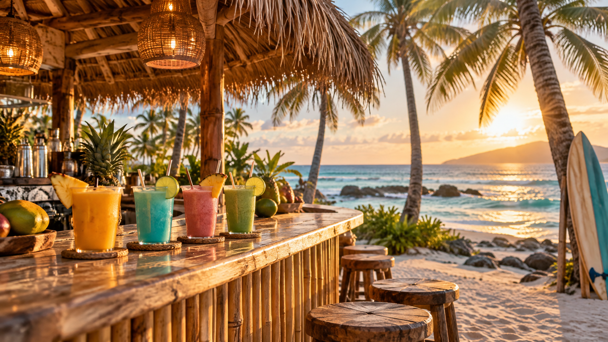 Comptoir tropical J'en Shake avec boissons colorées